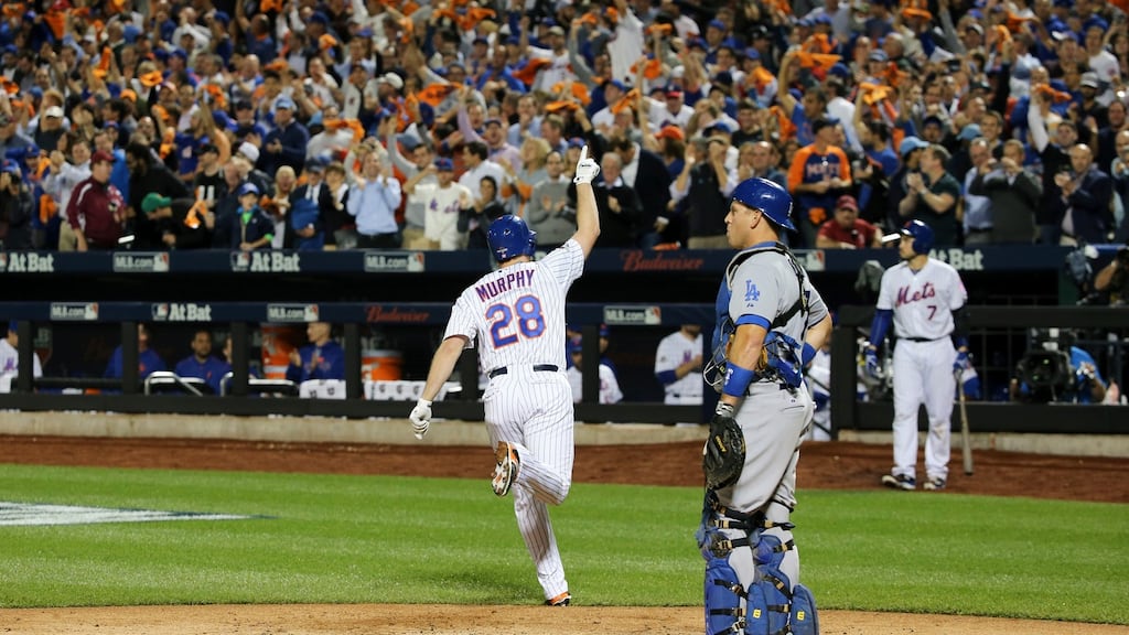 New York Mets infielder Daniel Murphy after a solo home run against the Los Angeles Dodgers during Game 4 of National League Baseball Division series at Citi Field in New York. Photograph: Richard Perry/The New York Times