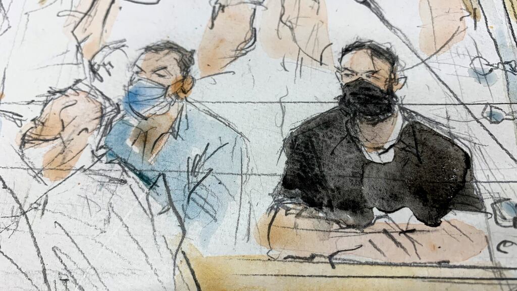 A sketch shows key defendant Salah Abdeslam (right) in the special courtroom built for the 2015 attacks trial, in Paris on Wednesday. Photograph: Noelle Herrenschmidt/AP