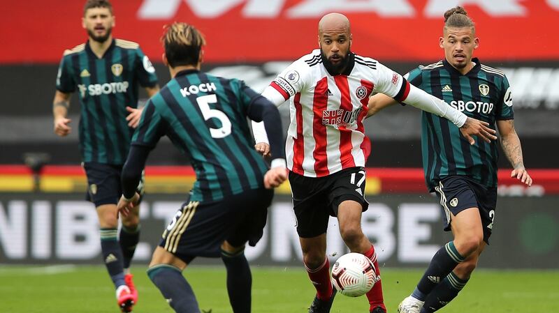 David McGoldrick on the ball during Sheffield United’s defeat to Leeds. Photograph: Molly Darlington/PA