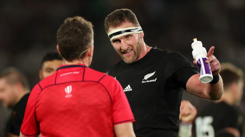 Referee Nigel Owens has a word with New Zealand captain Kieran Read during the  Rugby World Cup  semi-final match against England  and the All Blacks at International Stadium Yokohama on Saturday. Photograph: Hannah Peters/Getty Images