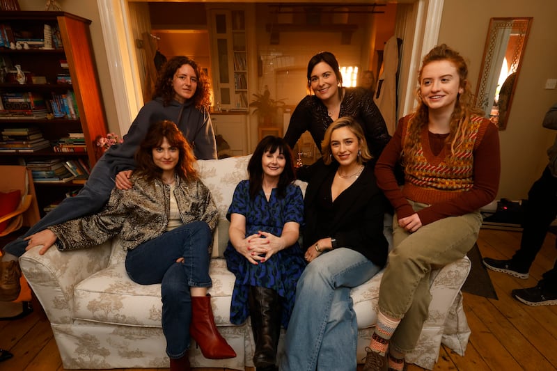 The Walsh Sisters: Marian Keyes on set with with Louisa Harland, Caroline Menton, Danielle Galligan, Máiréad Tyers and Stefanie Preissner. Photograph Nick Bradshaw