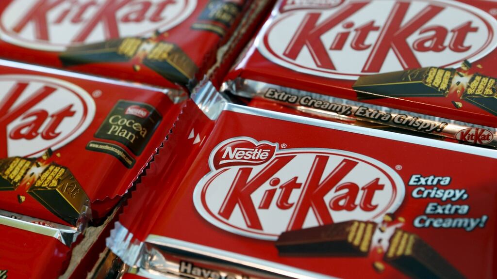The Nestle logo is seen on KitKat chocolate bars during a news conference at the company headquarters in Vevey, Switzerland