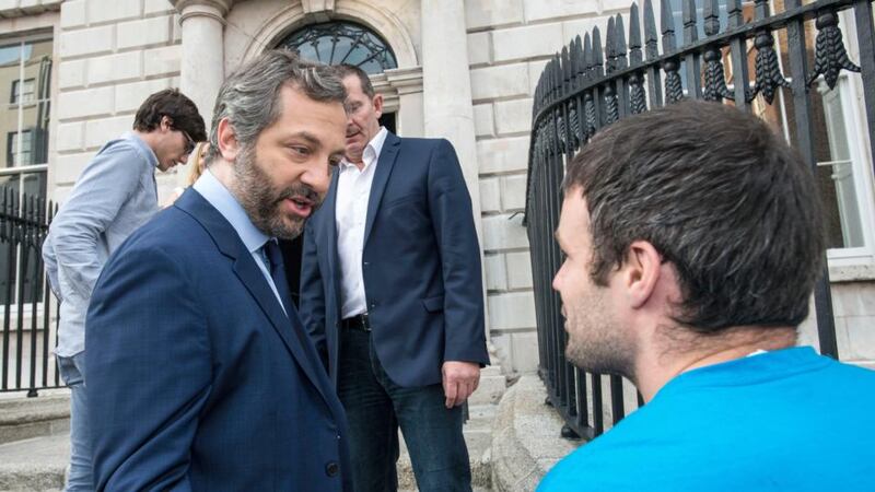 Film director Judd Apatow chats to a fan upon his arrival at Belvedere College for a Q&A in front of a live audience with actress Amy Schumer, who he directed in the forthcoming film Trainwreck. Photograph: Dave Meehan