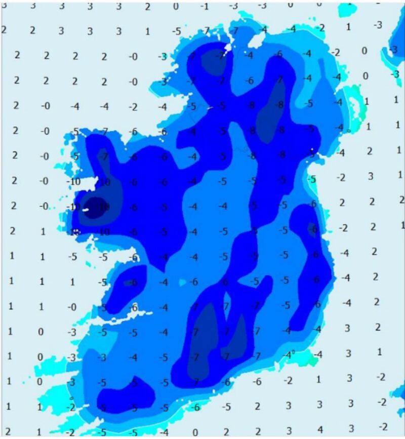 The European Centre for Medium-Range Weather Forecasts guide for the 24 hours from midnight on Friday shows sub-zero minimum temperatures everywhere across the country.