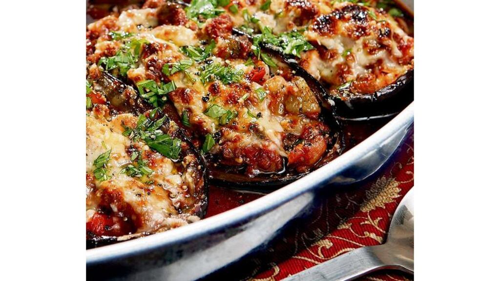 POSH STUDENT FOOD Aubergines stuffed with mince and feta cheese. Food cooked and styled by Domini Kemp and Maisha Lenehan. PHOTOGRAPH: MATT KAVANAGH