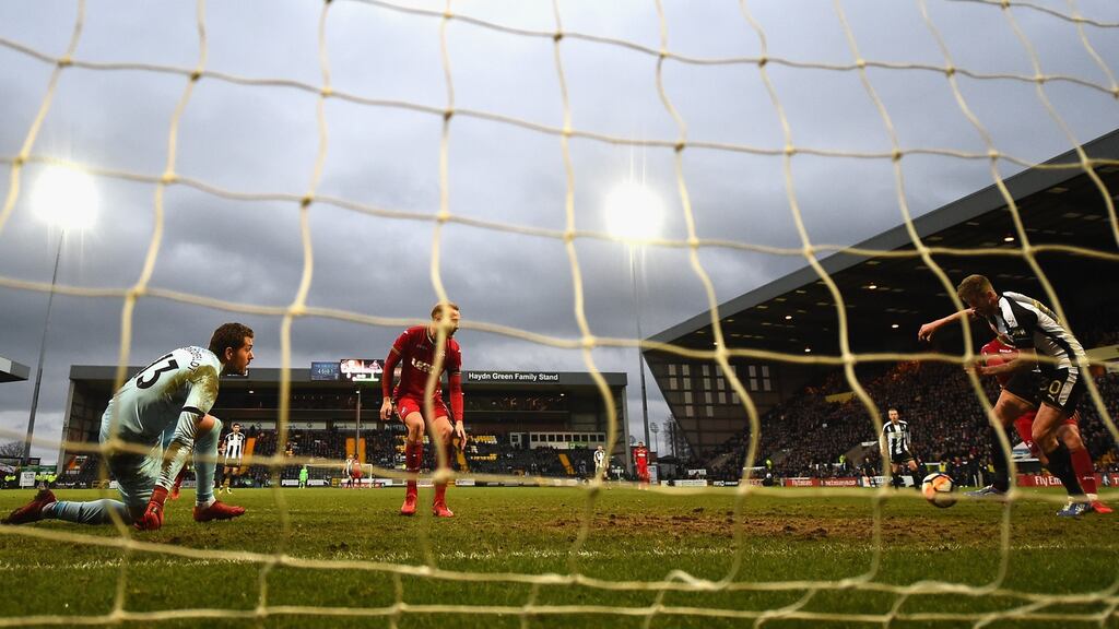 Jon Stead scores Notts County’s equaliser in the FA cup fourth-round match against Swansea City at Meadow Lane. Photograph: Laurence Griffiths/Getty Images