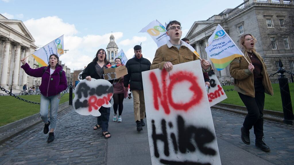 Students at Trinity College held a protest on Thursday opposing proposed rent increases. File photograph: Dave Meehan/The Irish Times