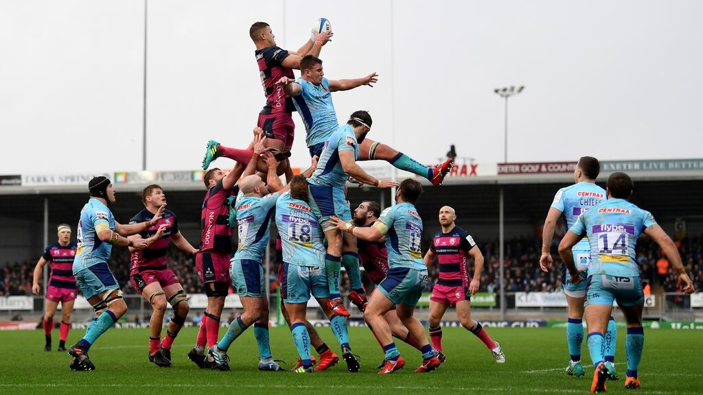 Gerbrandt Grobler of Gloucester Rugby beats Sam Skinner of Exeter Chiefs to the ball in the lineout last weekend. Photograph: Alex Davidson/Getty Images