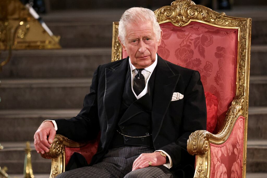 King Charles III at Westminster Hall, London, where both houses of parliament met to express their condolences following the death of Queen Elizabeth. Photograph: Henry Nicholls/PA