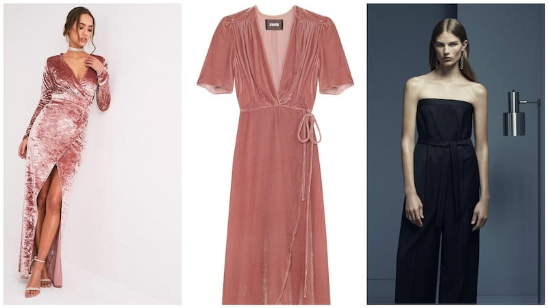 (Left) This Luisah wrap dress is €42 from prettylittlething.com; (centre) this velvet wrap dress from Reformation is available for €431 on net-a-porter.com; (right) this jumpsuit is €125 from COS