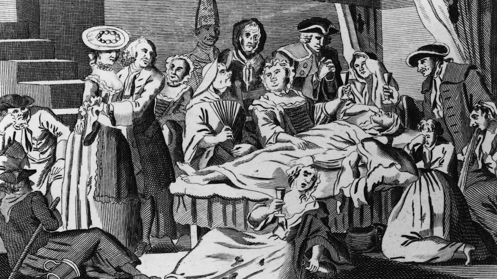 The Humours of an Irish Wake as celebrated at St Giles London, about 1750. Photograph: Engraving by Thornton / Hulton Archive/ Getty Images