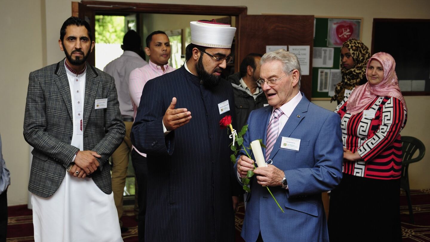 Reconciliation: Tomi Reichental with Shaykh Umar al-Qadri, of Blanchardstown mosque, where Reichental spoke on his 80th birthday, last June. Photograph: Aidan Crawley