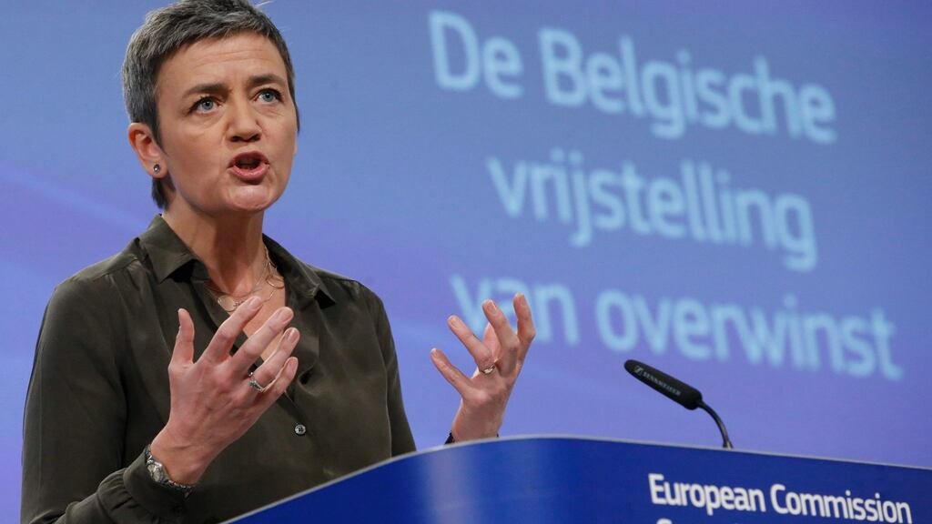 EU Commissioner for Competition Danish Margrethe Vestager talks to media during a press conference on major state aid case against Belgium at the European Commission headquarters in Brussels.Photograph: EPA