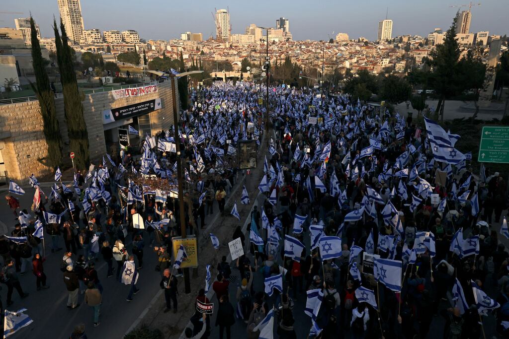 A protest against the Israeli government's judicial reform bill near the Knesset (parliament) in Jerusalem on Monday. Photograph: Ahmad Gharabli/AFP