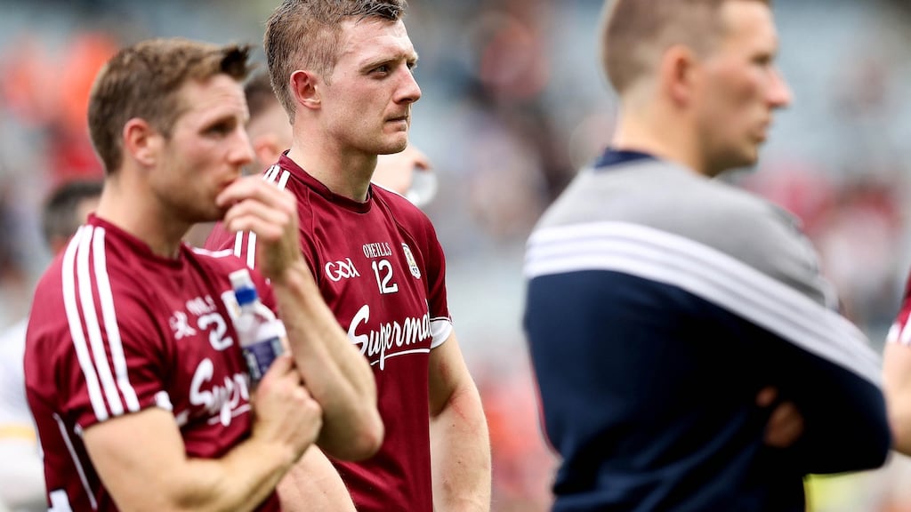 Dejected Galway players after their defeat to Kilkenny in the Leinster final at Croke Park on July 3rd. Photograph: Ryan Byrne/Inpho.