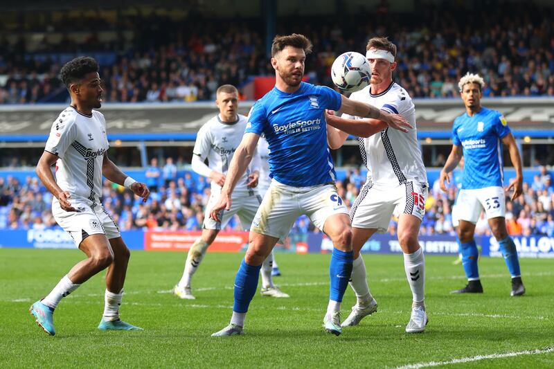 Scott Hogan of Birmingham City is challenged by Dominic Hyam of Coventry City. Hogan has made little impact as a striker for the Republic during his limited opportunities. Photograph: Catherine Ivill/Getty Images