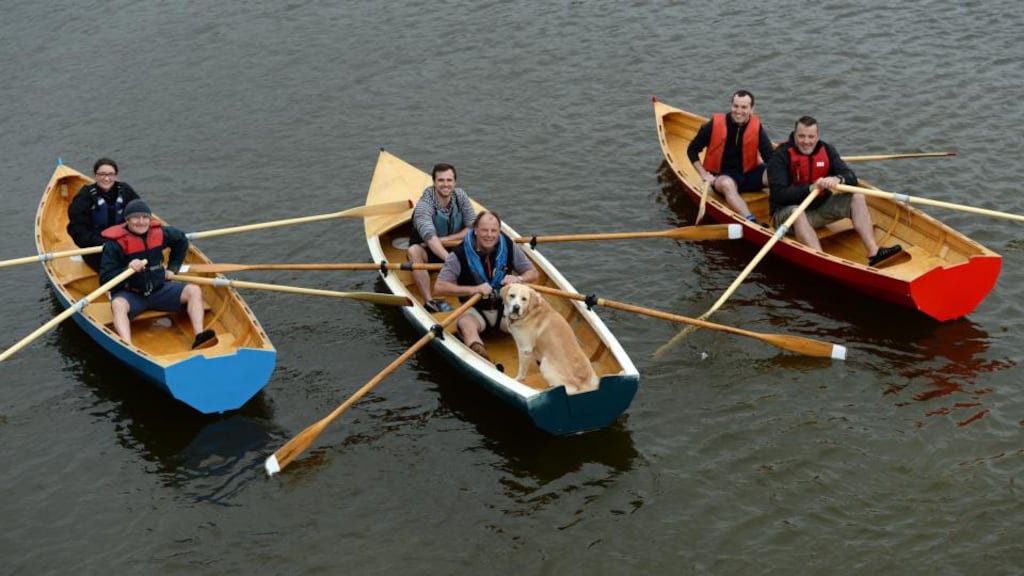 Rowing for cystic fibrosis around Ireland: Organiser Ger Crowley with Sean Quinn (boat to right); middle boat, John Hearns and Jamie Tevlin with Joey the dog; and Tom O Toole with Gillian Mangan. Photograph: Cyril Byrne/The Irish Times