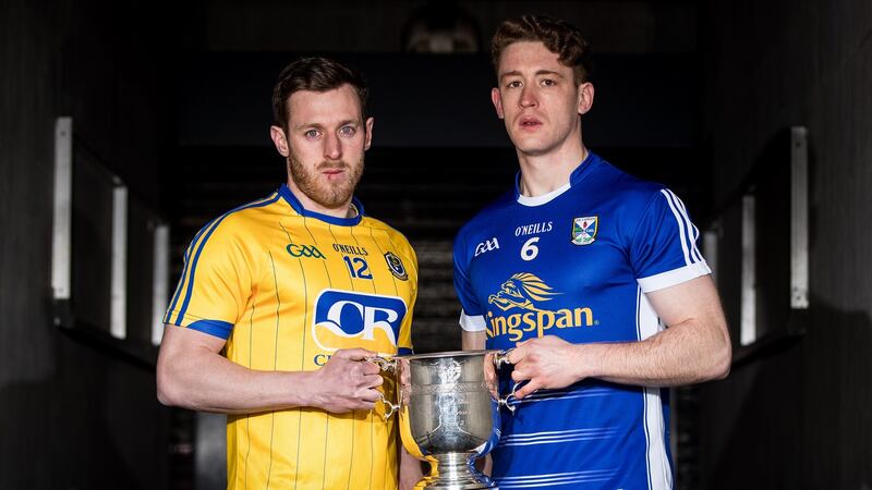 Roscommon’s Conor Devaney with Ciaran Brady of Cavan ahead of Sunday’s league final. Photograph: Oisin Keniry/Inpho