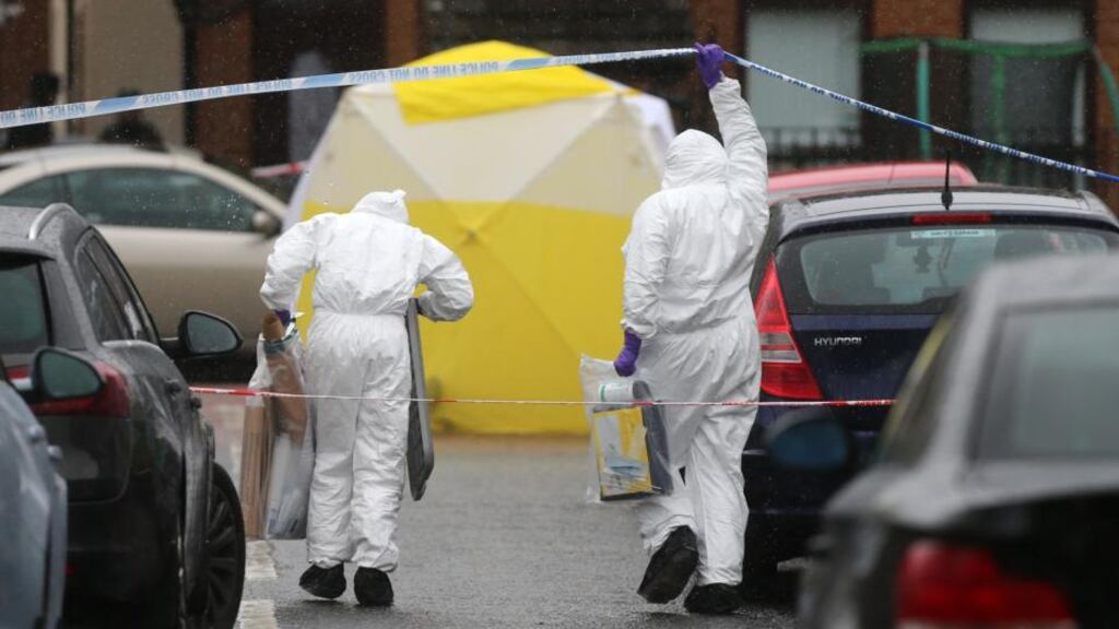 Forensic officers in Welsh Street, in the Markets area near Belfast city centre following the fatal shooting of Gerard ‘Jock’ Davison, a former IRA commander. Photograph: PA Wire