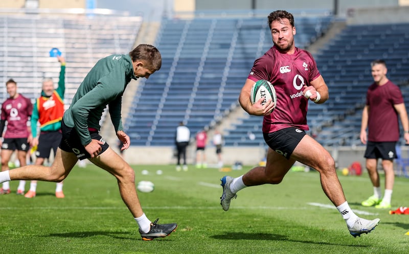 Shayne Bolton (right) during Ireland squad training with Sam Prendergast in Chicago two weeks ago. Photograph: Dan Sheridan/Inpho