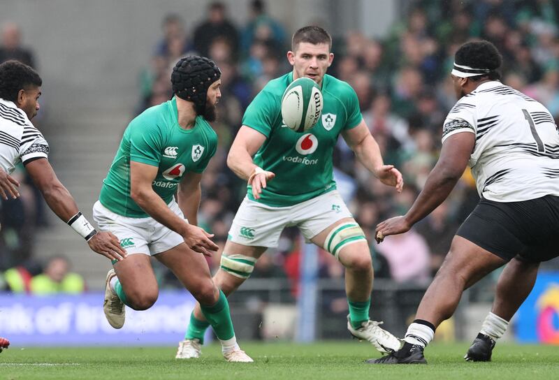 IJamison Gibson-Park and Nick Timoney in action against Fiji at the Aviva Stadium. Gibson-park sets the rhythm for this Ireland side. Photograph: Billy Stickland/Inpho
