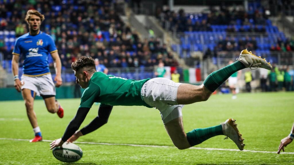 Ireland’s James McCarthy scores his side’s fourth try of the game during the under-20 Six Nations clash with Italy. Photo: Ryan Byrne/Inpho
