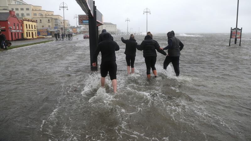 The flooded road and car park at the Salthill Promenade during Storm Ophelia on Monday. Photograph: Joe O’Shaughnessy