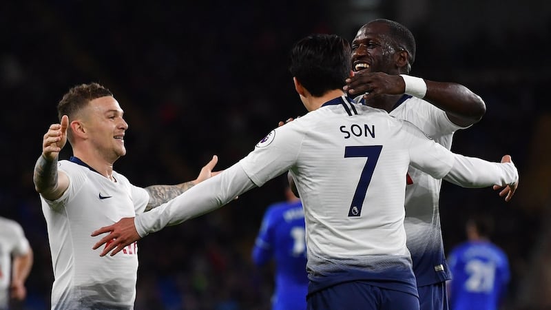 Tottenham celebrate Son Heung-Min’s goal against Cardiff. Photograph: Ben Stansall/AFP/Getty