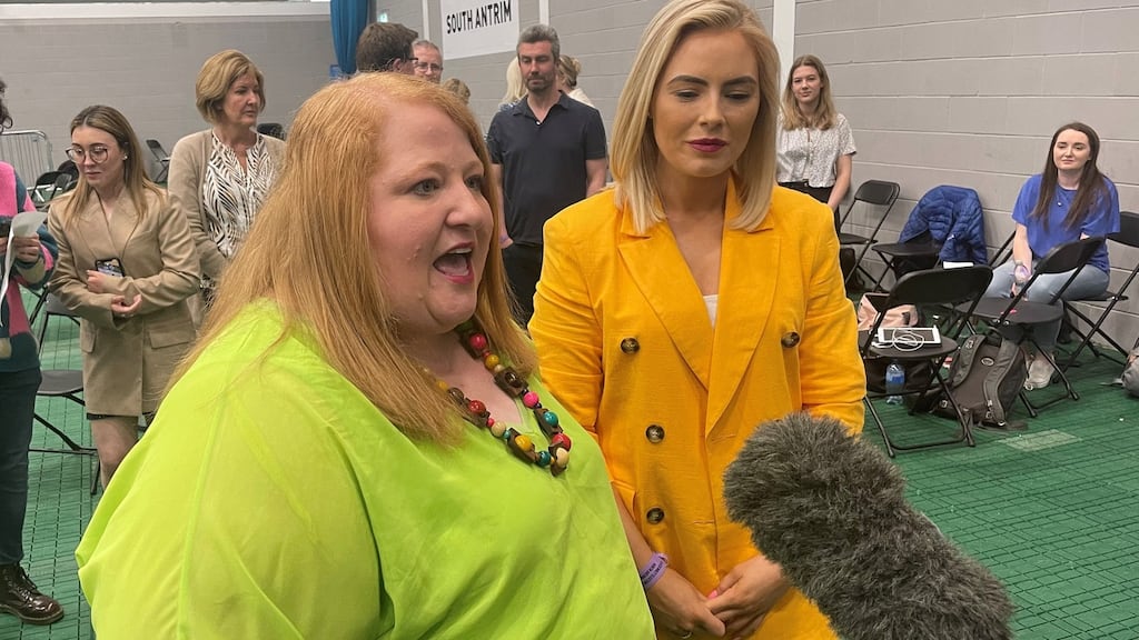 Alliance Party leader Naomi Long, left, with the party’s new MLA for North Antrim Patricia O’Lynn. Photograph: Jonathan McCambridge/PA Wire
