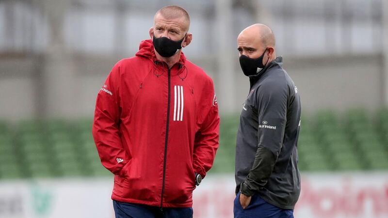 Munster forwards coach Graham Rowntree and defence coach JP Ferreira ahead of the Guinness Pro 14 game against Leinster at the Aviva Stadium last Sunday. Photograph: Bryan Keane/Inpho