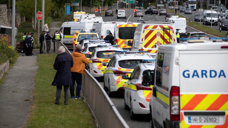 There was a large garda presence as gardaí and contractors removed the wedding marquee at Burton Park, Leopardstown this afternoon. Photograph: Colin Keegan, Collins Dublin