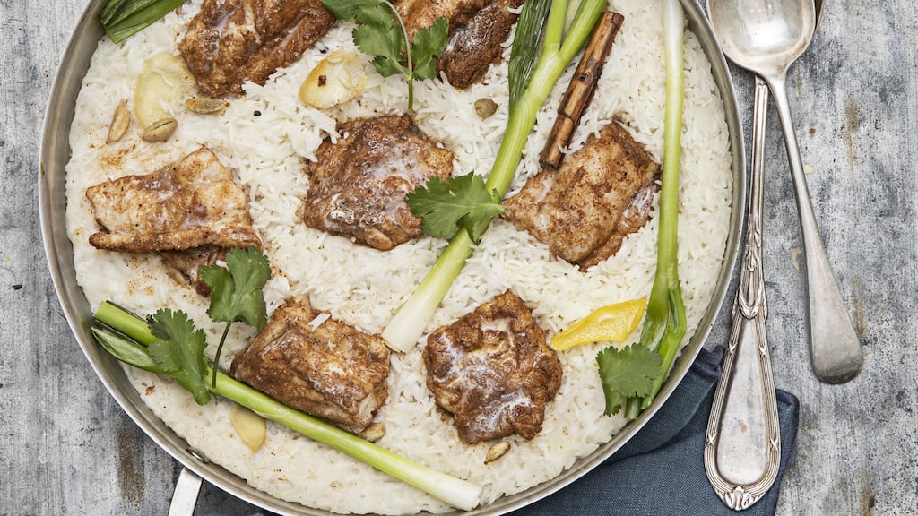 Spiced ling with fragrant coconut rice and spring onions. Photograph: Harry Weir Photography