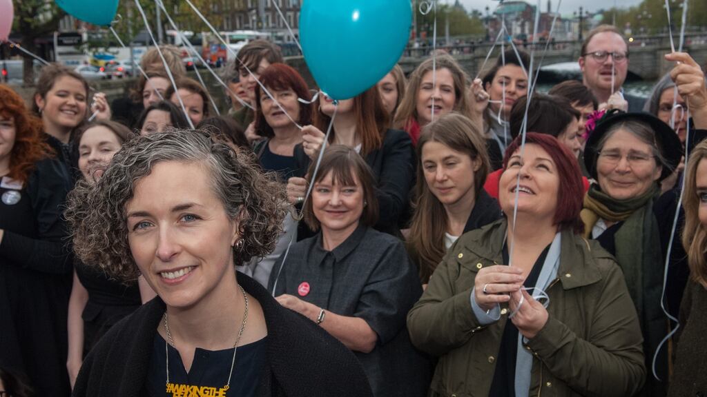 Campaign director Lian Bell (front) leading a Waking the Feminists event on the Rosie Hackett Bridge in Dublin in 2016. Photograph: Kate Horgan