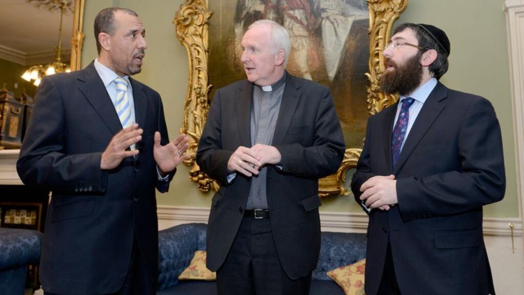 Dr Ali Selim, Islamic Cultural Centre of Ireland, Dr Brendan Leahy, Bishop of Limerick, and Rabbi Zalman Lent, leader of the Jewish community of Dublin, at the Three Faiths Forum of Ireland event in the Mansion House last night. Photograph: Dave Meehan