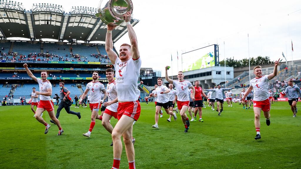 Tyrone’s Cathal McShane celebrates with the Sam Maguire after they beat Mayo to win the All-Ireland last year. Photo: Tommy Dickson/Inpho