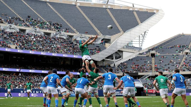 Ireland’s Tadhg Beirne gets up to take the lineout throw during the match against Italy at Soldier Field in Chicago. Photograph: Dan Sheridan/Inpho