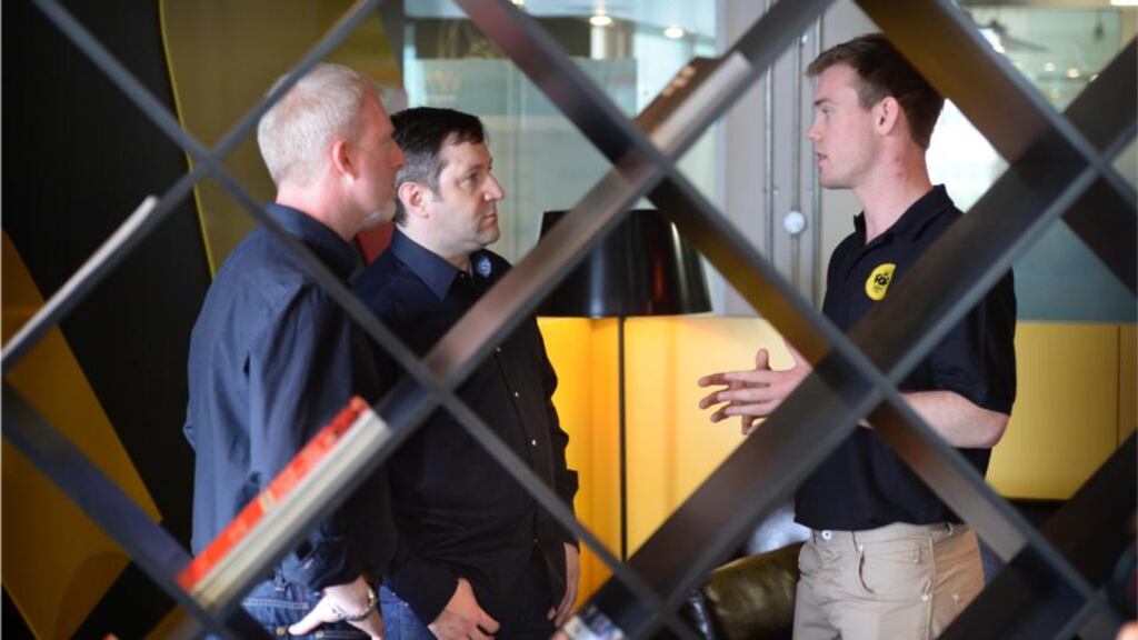 Richard Whelan, chief executive of Popdeem (right) with Liam Casey, CEO of PCH International, and Karl Aherne, director of Wayra Ireland (left). Photographer: Dara Mac Dónaill /The Irish Times