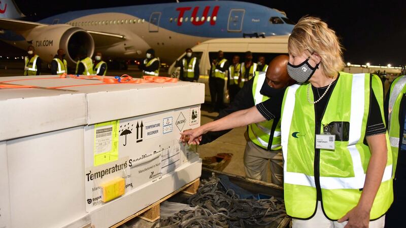 The first delivery of the Johnson and Johnson vaccine arriving at the O R Tambo International Airport in Johannesburg, South Africa, on Wednesday. Photograph: Jiyane/South Africa’s Government Information Services/EPA