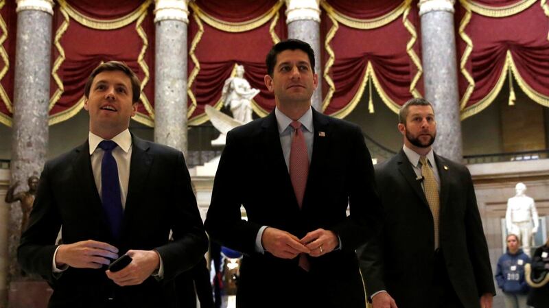 US House speaker Paul Ryan (centre) walks to the House Chamber to vote on Obamacare repeal, on Capitol Hill, Washington, January 13th, 2017. Photograph: Yuri Gripas/Reuters