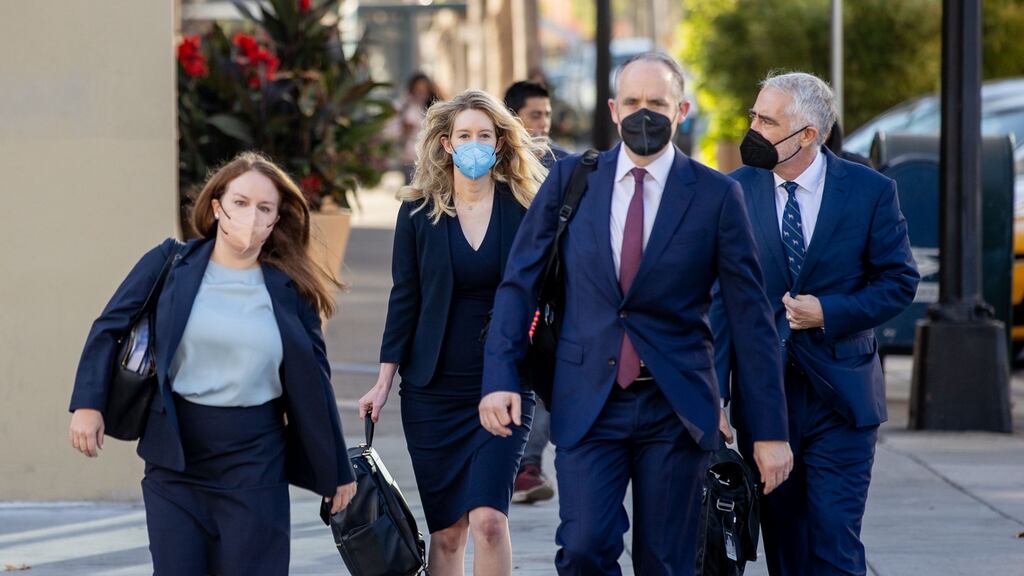 Theranos founder Elizabeth Holmes(second from left) arrives at the Robert F. Peckham Federal Building with her defense team on August 31st. Photograph: Ethan Swope/Getty Images