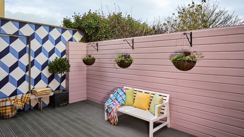 The outside space with mural.