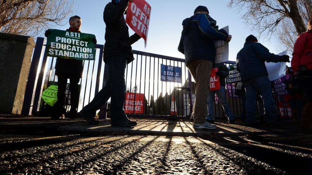 Members of the TUI and the ASTI picketing during a strike in 2014. Members of the INTO, the TUI and the ASTI have all rejected the public service pay accord. Photograph: Cyril Byrne
