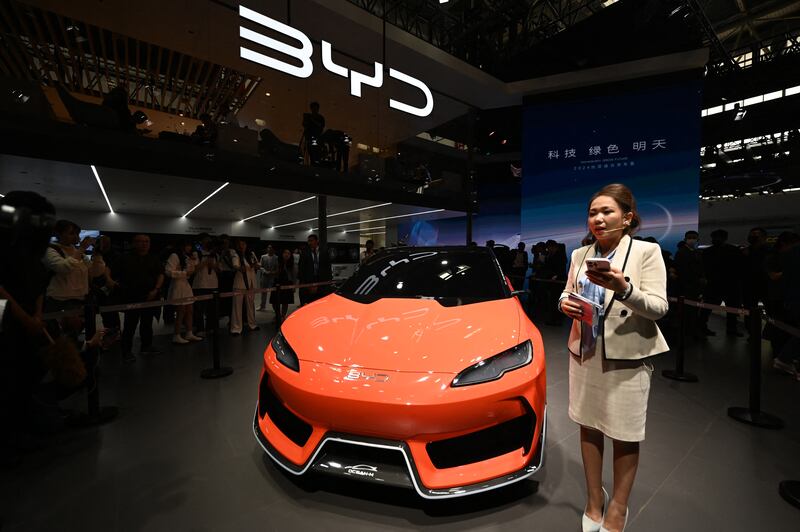 A BYD Ocean-M electric car at the Beijing Auto Show in Beijing. (Photograph: Jade Gao/AFP via Getty Images