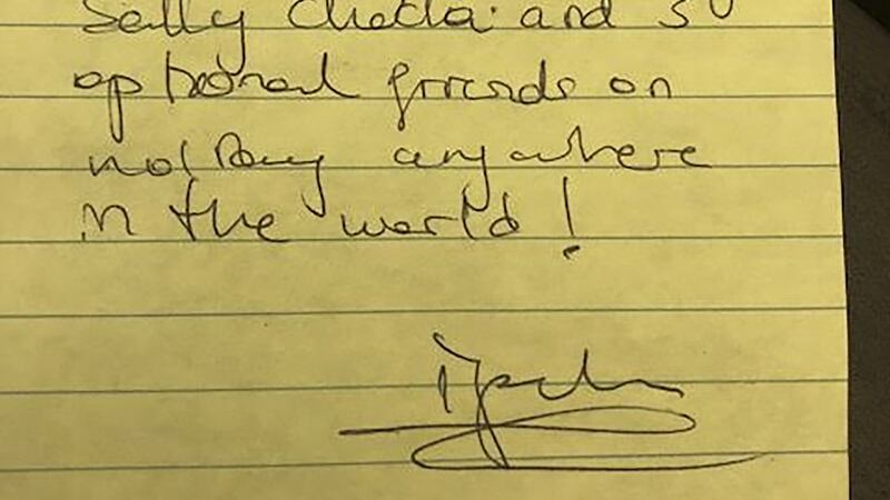 The note provided by the product developer Sally Wu and written by Ipek Irgit. Photograph: Sally Wu/New York Times