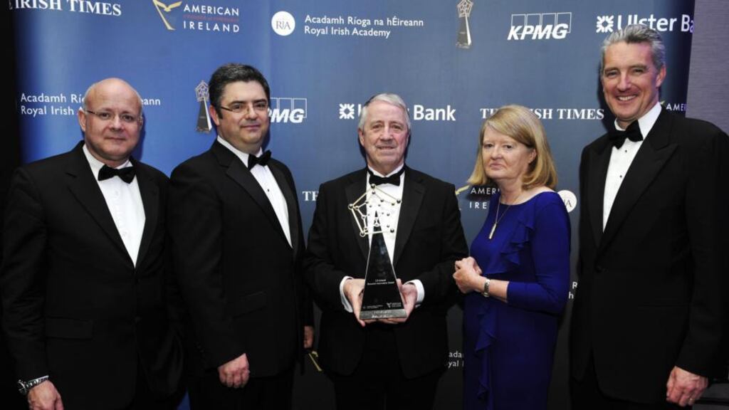 US-Ireland Research Innovation Awards 2015: Prof Oliver Dolly (DCU) and Mary E Daly (president of RIA) with Eamonn Sinnott (president of the American Chamber of Commerce Ireland), Eddie Cullen (from Ulster Bank) and Shawn Murphy from KPMG. Photograph: Aidan Crawley