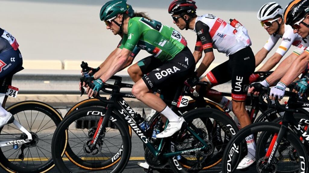 Sam Bennett (green) found himself boxed in towards the back end of stage two. Photograph:  Tim de Waele/Getty Images