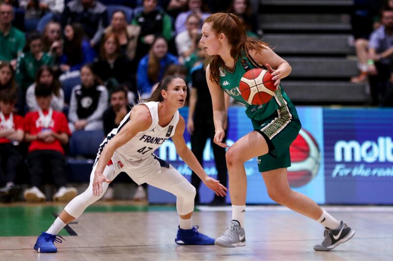 Ireland's Claire Melia comes up against France's Romaine Bernies during the 2025 FIBA EuroBasket qualifier in November 2023. Photograph: Ben Brady/Inpho