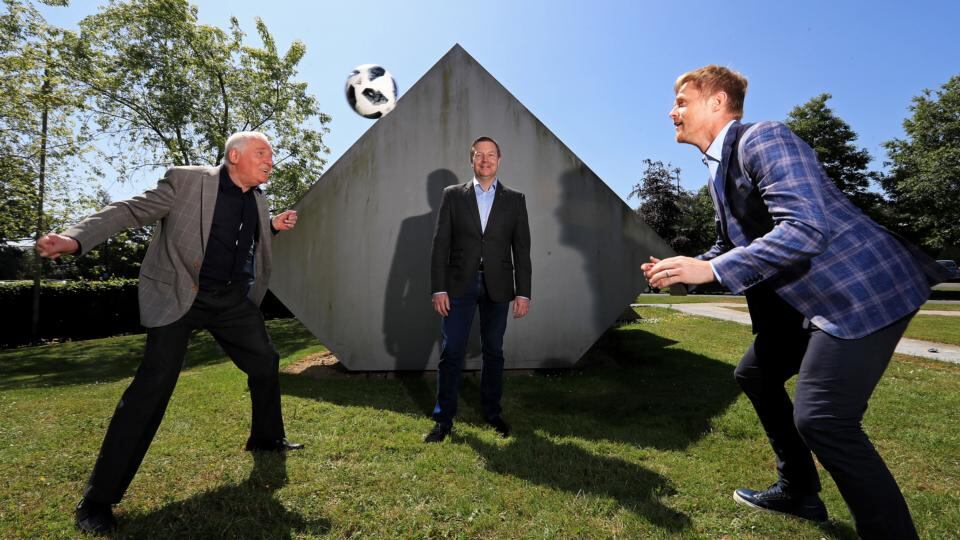 World Cup fever: Eamon Dunphy, Darragh Maloney and Damien Duff at RTÉ’s Montrose campus.