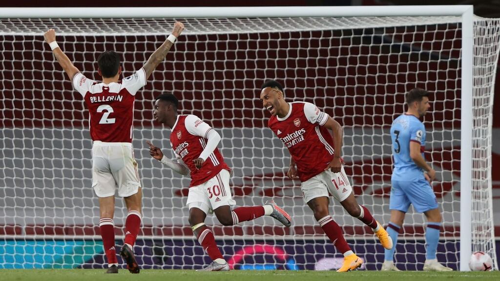 Eddie Nketiah celebrates scoring Arsenal’s winner against West Ham. Photograph: Ian Walton/Getty/AFP