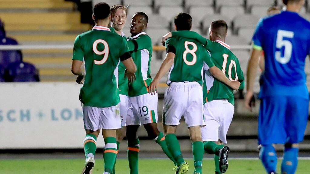 Ireland under-21s Harry Charsley celebrates scoring his side’s first goal in their qualifying win over Slovenia at the RSC. Photo: Donall Farmer/Inpho